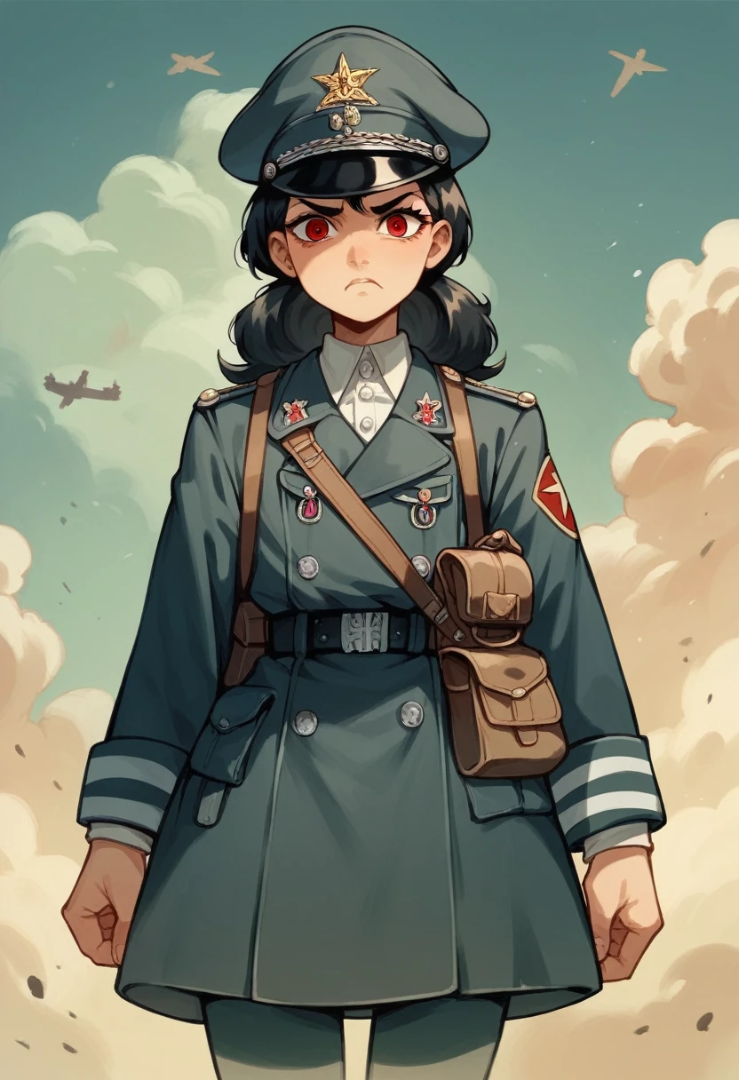 Ridiculous resolution, high resolution, very detailed, In World War II military uniform, battlefield, ,black german soldier uniform, young face, sly expression, black hair, red eyes, femboy, cartoon, Anime, black dress,