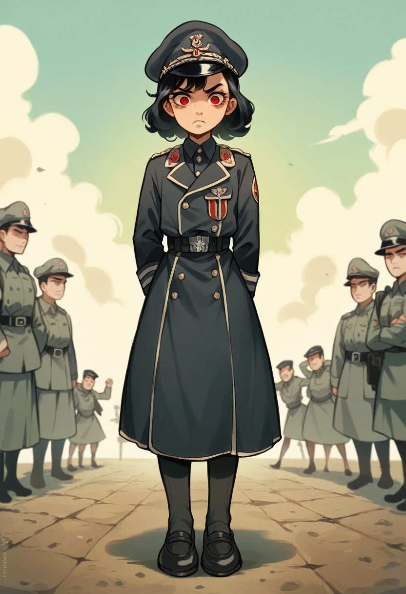 Ridiculous resolution, high resolution, very detailed, In World War II military uniform, battlefield, ,black german soldier uniform, young face, sly expression, black hair, red eyes, femboy, cartoon, Anime, black dress,