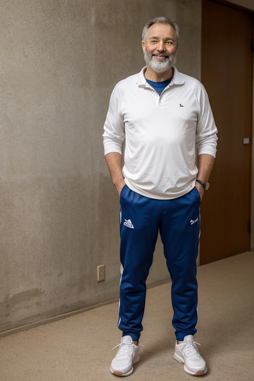 Man in his fifties standing towards the camera, with a beard, smiling, moving his hands, elegant, sports shoes, old background