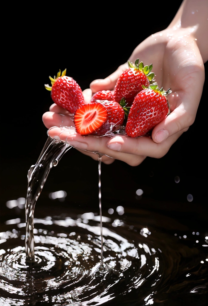 Cinematic RAW Photos,Ultra-realistic photos,Ultra-realistic photos,Digital SLR,Soft lighting,Product photo of five strawberries falling into water、Dripping、Splashing clear liquid、Water flower,Dynamic Composition Star Part) (Highest quality) (be familiar with) (Cinema Lighting) (Sharp focus) (Complex), Master Parts, Highest quality, Ultra-high resolution, 8K Ultra HD