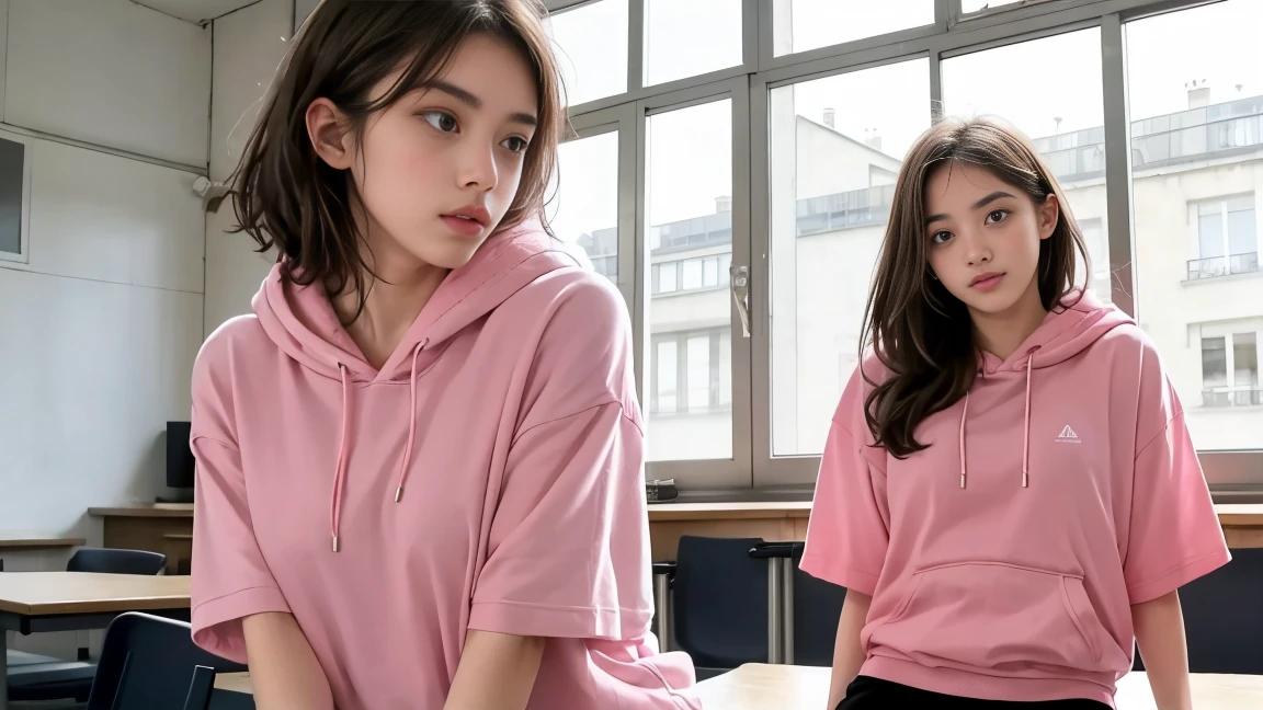 deux femmes ensemble de 18 ans sexy et mince , pink short sleeve hoodie , salle de classe, se touche,position sey,sensuel