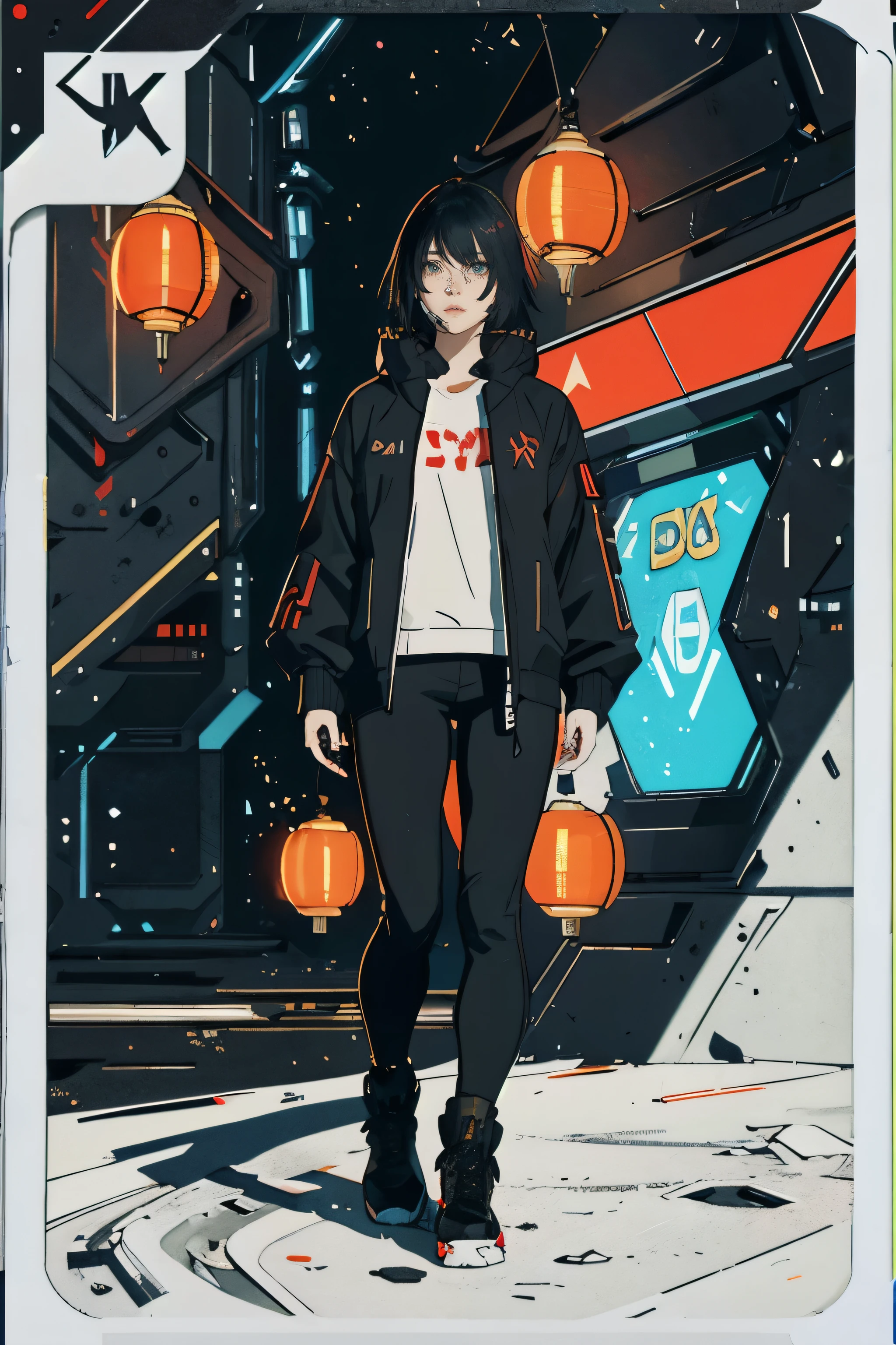 a beautiful detailed japanese girl, voluminous black emo hair,yellow pupil eyes,cyberpunk style all-black clothes,red neons,military details,semi-realistic,(best quality,4k,8k,highres,masterpiece:1.2),ultra-detailed,(realistic,photorealistic,photo-realistic:1.37),concept art,work of art, soldier with jacket cyberpunk, young emo girl, Bangs on one eye, Do the full body, in the middle of a cyberpunk space city