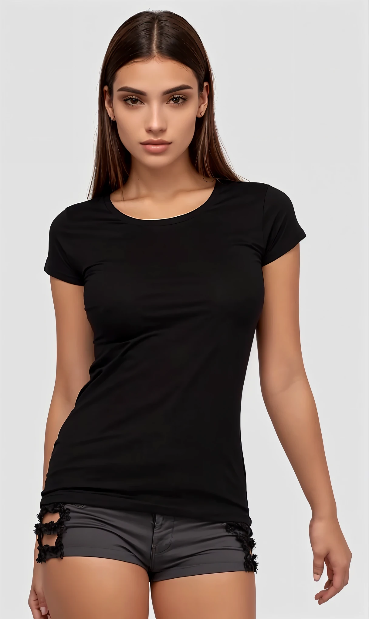 a close up of a woman in a short Camisa preta and shorts, wearing a black camiseta, vestindo camiseta preta, vestindo uma camiseta preta, camiseta preta, top preto, camiseta preta, black camiseta, wearing a Camisa preta, Camisa preta, camisa apertada, wearing camisa apertada, camisa preta, wearing a camiseta, camiseta