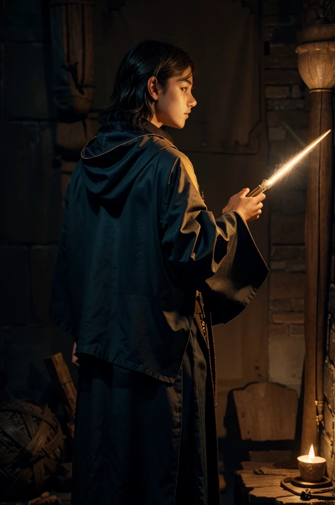 young wizard with his back turned, wearing wizard clothes and a magic wand in his right hand with a glowing tip