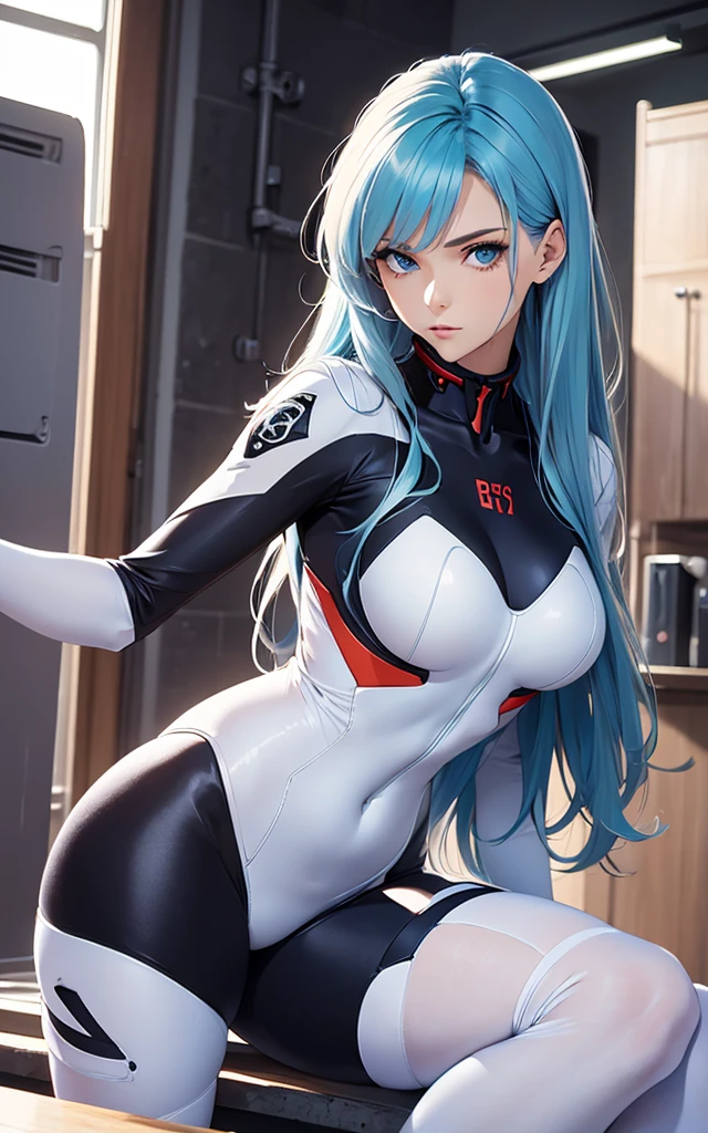 (((Adult Woman))), ((Best Quality)), ((masutepiece)), evangelion, zero suit, bobhair, Perfect proportions, Crysisnanosuit, Blue hair, Blue eyes, Hyper Realistic