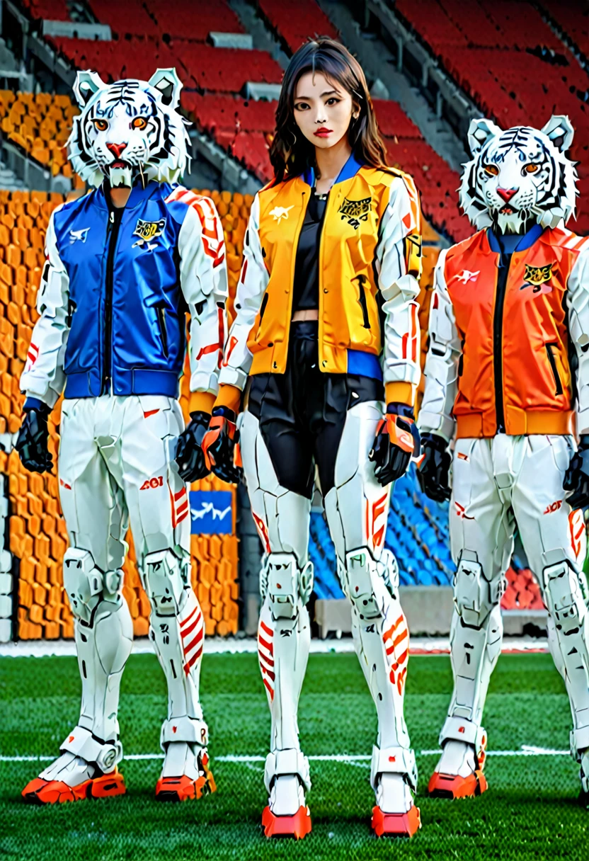 Malaysian Sports athletes wearing stylish intricate Sukajan jacket with ((Malayan tiger motives and tiger stripes)) inspired by tatoo artist Miyazo , contrast blending and combination of ((white , red, yellow , blue, orange and black)) colour , for an Olympic kit launching event in a futuristic green football stadium with malayan bengal tiger for special appearance