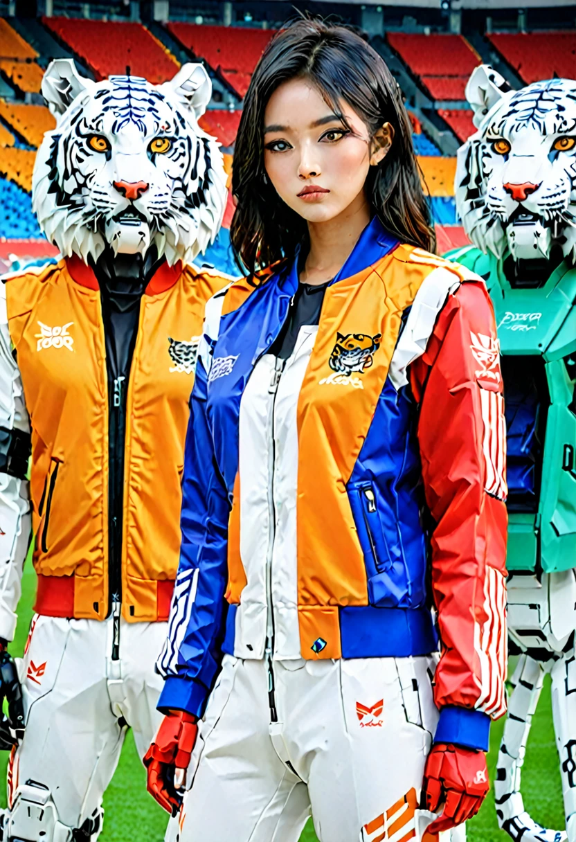 Malaysian Sports athletes wearing stylish intricate Sukajan jacket with ((Malayan tiger motives and tiger stripes)) inspired by tatoo artist Miyazo , contrast blending and combination of ((white , red, yellow , blue, orange and black)) colour , for an Olympic kit launching event in a futuristic green football stadium with malayan bengal tiger for special appearance