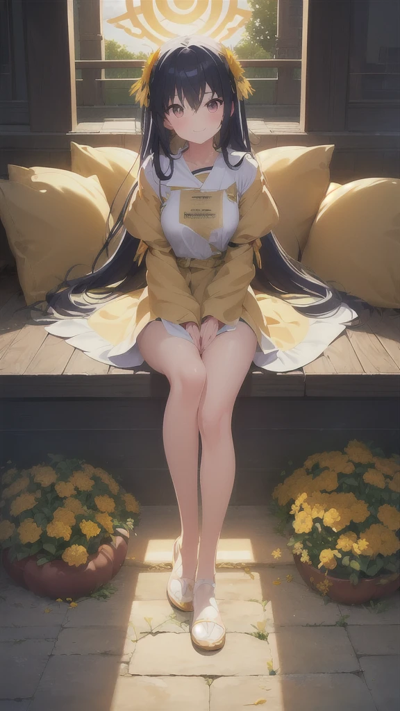 Name: Hikari no Tsubasa
Element: FLAMARA
Description: Exalted Blaze Mancer with a sun-kissed aura, wielding the sacred pyre. Summer's Radiant Ambassador, Hikari no Tsubasa transfigures pain into captivating sympathy.
Prompt: ((((Campeona disputada, triple A certificada, resolution 8k)))), 1female, determined, sitting crossed-legged, long HAIR, rosy complexion, ((golden eyes)), (((gold aura))), detailed rendition, (quarters), facing viewer, gaia FMATTER:0.9 "(Sunlit meadow amidst autumnal splendor)"), voluptuous woman, demurely smiling, gentle glassy eyes, eloquent hands, ((full arms, legs)), wistful aura, skillful shading, wooden-ground, nature TL:0.6, 30 years old, immaculate eyebrows, graceful.