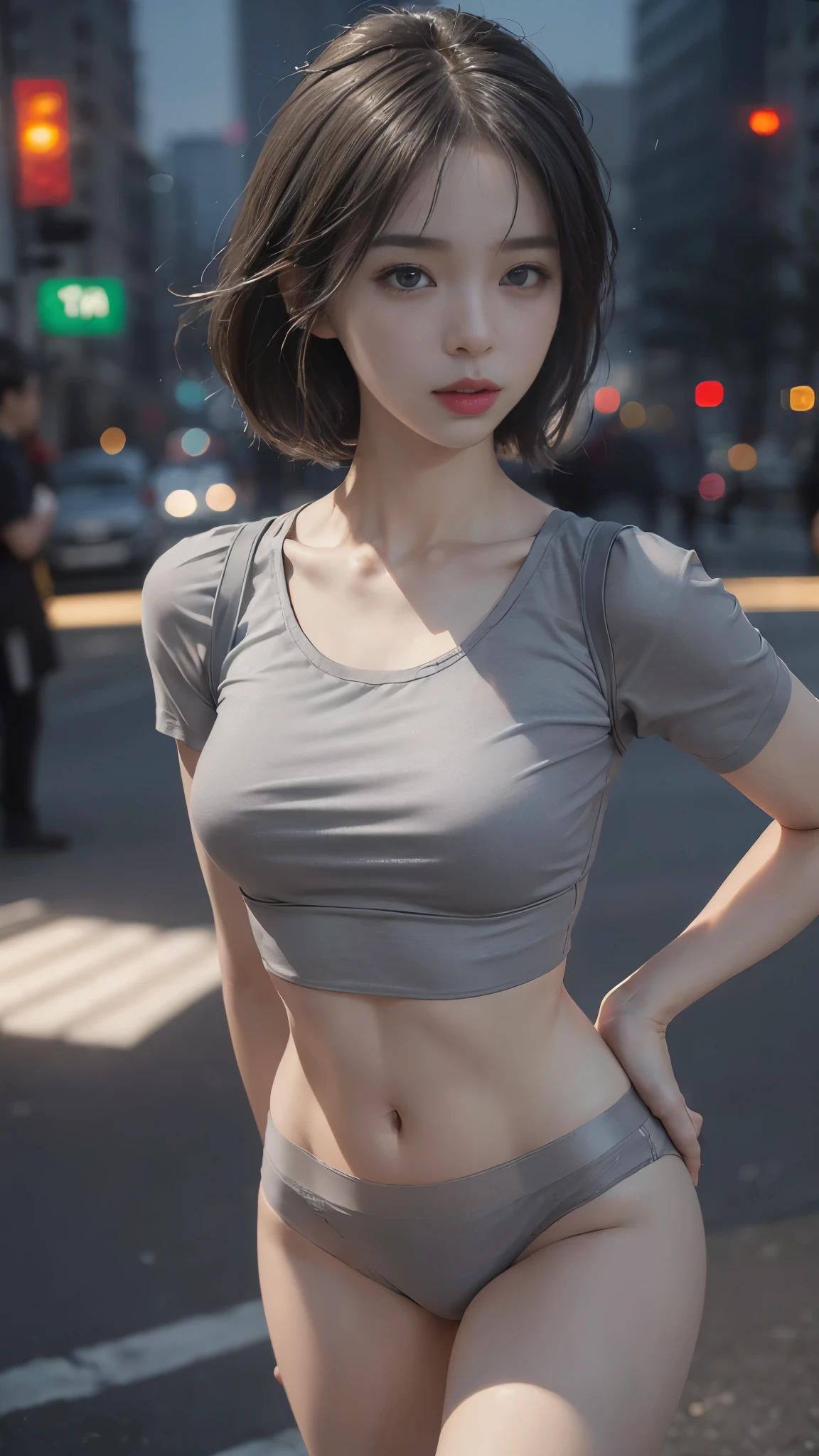((Realistic lighting, Best quality, 8K, Masterpiece: 1.3)), Clear focus: 1.2, 1 Korean girl, Perfect Figure: 1.4, Slim Abs: 1.1, See through, tight clothing, ((Korean)), (panties: 1.4), (Grey crop top: 1.4), (Outdoor, Night: 1.1), City streets, Super fine face, Fine eyes, Double eyelids,