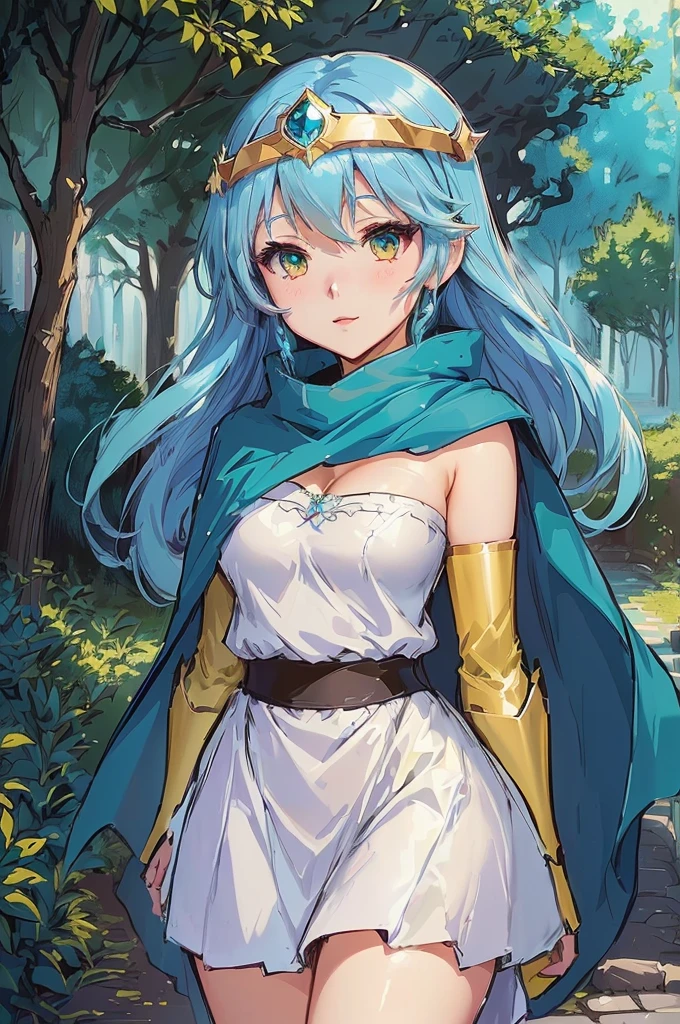 Close-up of a woman in a dress and cape, portrait Zodiac Knight Girl, Aqua from Konosuba, Turquoise hair anime girl, Anime Moe Art Style, Anime Rush John 8k Woods, Official Art, High quality anime art style, Zodiac Knight Girl, rogue anime girl ayanami rei, Elf Girl, Vivid RPG Portraits, Anime Goddess