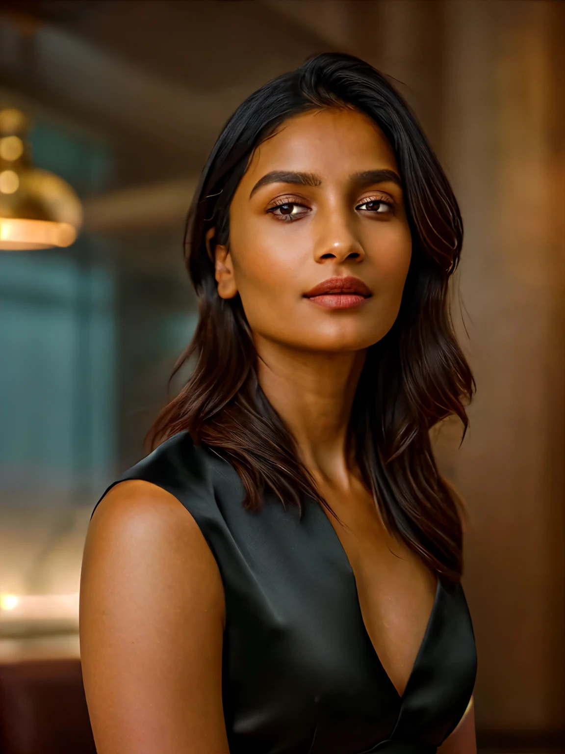 In this photograph, an Indian woman in her mid-30s takes center stage. She has well-groomed, straight hair, styled in a chic and elegant manner, perfectly framing her face. Her highly detailed face exudes confidence and grace, enhanced by a subtle smile. The background showcases a 5-star hotel’s moody private study, evoking a sense of luxury and sophistication. The photograph, captured by Lee Jeffries using a Nikon D850 with a film stock of 4 Kodak Portra 400 and a camera f1.6 lens, displays rich colors, hyper-realistic and lifelike texture, dramatic lighting, and realistic detail.

The full-body image reveals the woman wearing a sleek black dress that exudes elegance and sophistication. The dress is tastefully designed, accentuating her stylish look. She completes her ensemble with minimalistic yet striking jewelry, adding to her sophisticated appearance. Her well-groomed appearance and poised stance further enhance the image's refined quality.

The photograph is meticulously captured in 8K resolution using cutting-edge techniques such as Cinema 4D and Octane Render, resulting in a highly detailed and photorealistic image. Studio lighting, HDR, and a smoky mist create a captivating ambiance, while the bokeh effect adds an artistic touch.