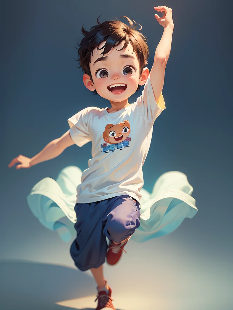 masterpiece, best quality,Illustration of a cute boy dancing happily,Pixar style, stills,simple background,perfect details,