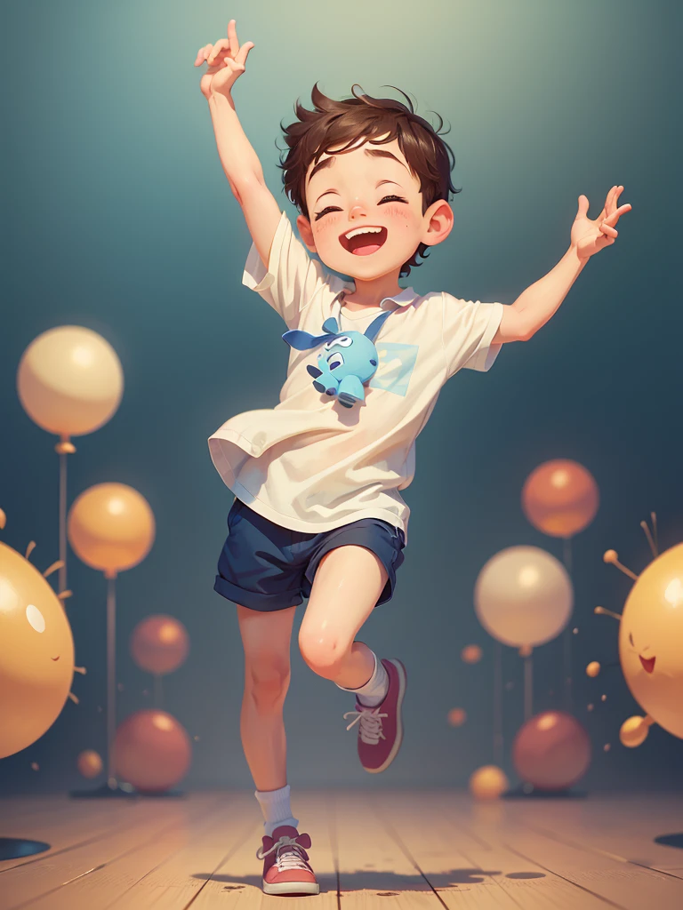 masterpiece, best quality,Illustration of a cute boy dancing happily,Pixar style, stills,simple background,perfect details,