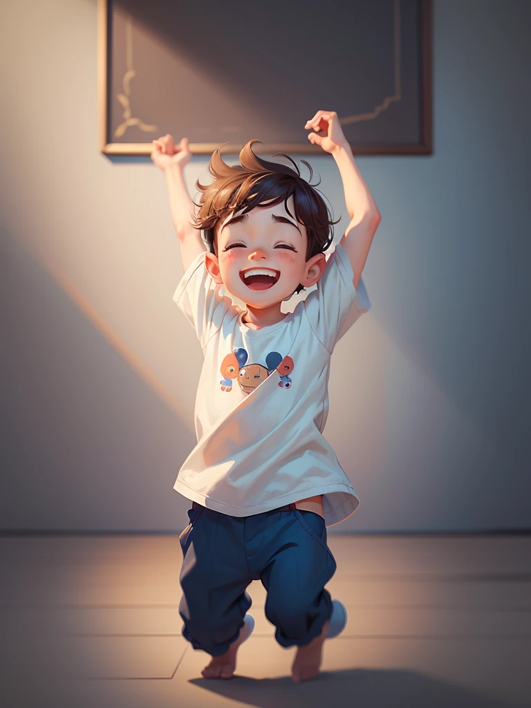 masterpiece, best quality,Illustration of a cute boy dancing happily,Pixar style, stills,simple background,perfect details,