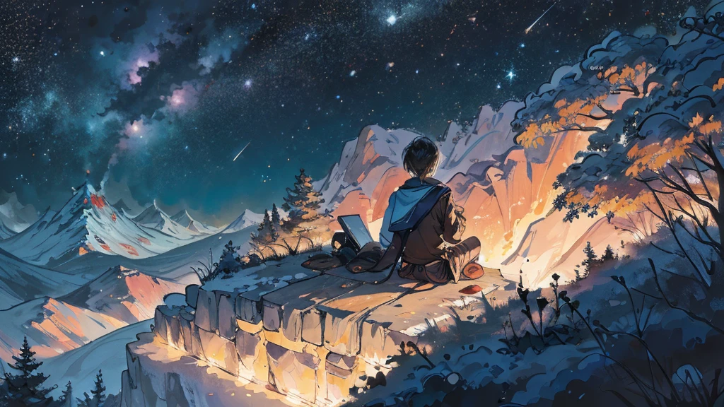 Late Night。Under the stars。-yeld giOn a hill far away、Alone, with his back towards me, he plays an acoustic guitar。There's a little blue budgerigar somewhere