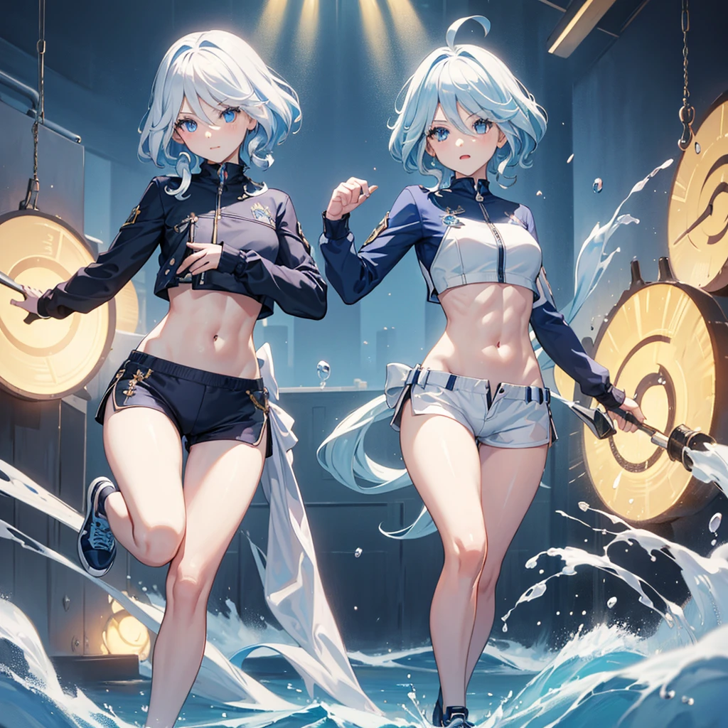masterpiece, high resolution, better quality.1girl, furina from genshin impact, short pale blue-white hair, wavy hair, blue eyes, different-blue eyes,track and field,crop top,(navel:1.1),abs,running shoes,mini shorts
