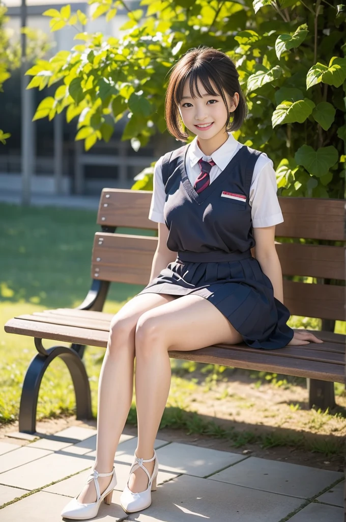 Pure Japanese school girl, sexual temptation, outstanding body, beautiful legs, natural short hair, wearing uniform, panty, sweet smile, sitting on bench, refreshing in early summer park, composition from the front,