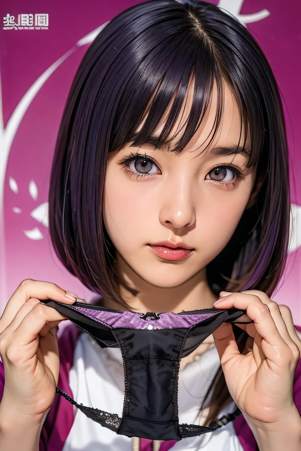 Very big black panties、Purple Hair、Bobcut、Cross-shaped hair ornamentを付けている、Cross-shaped hair ornament、Face is close、Close face、Panties in front、Showing panties、Very big panties、Pretty big panties