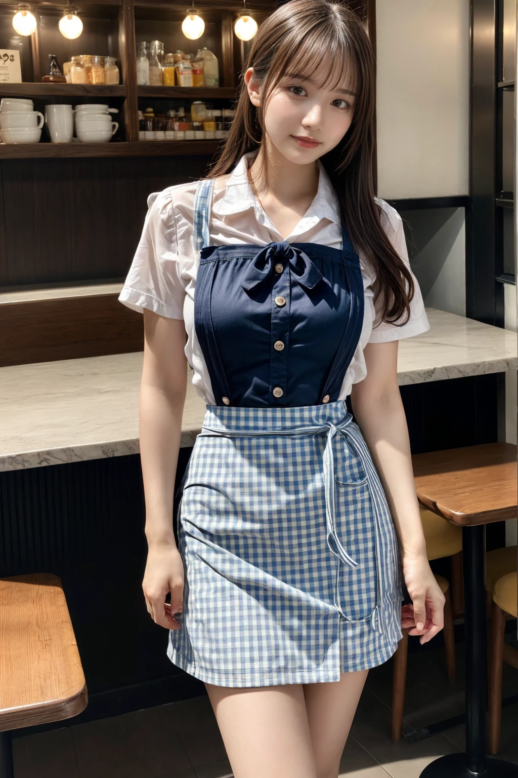 (8K, RAW Photos, Highest quality, masterpiece:1.3), (professional photography, full colors, studio-caliber color grading), (Gravure quality for high-end fashion magazines),  BREAK, 1girl, (boyish:1.15), (mannish:1.1), (double-breasted,underbust:1.2), Big Natural Color Lip, (Plumpy body:1.2), (smooth skin:1.1), (breasts:1.2),  BREAK, (gingham-check suspender-apron:1.2), (solid-blue high-waist skirt:1.2), (apron over skirt:1.1), (white blouse:1.2), short sleeves, button gap, (solid-blue bow-tie:1.1),  BREAK, dynamic pose, cafe, Restaurant,