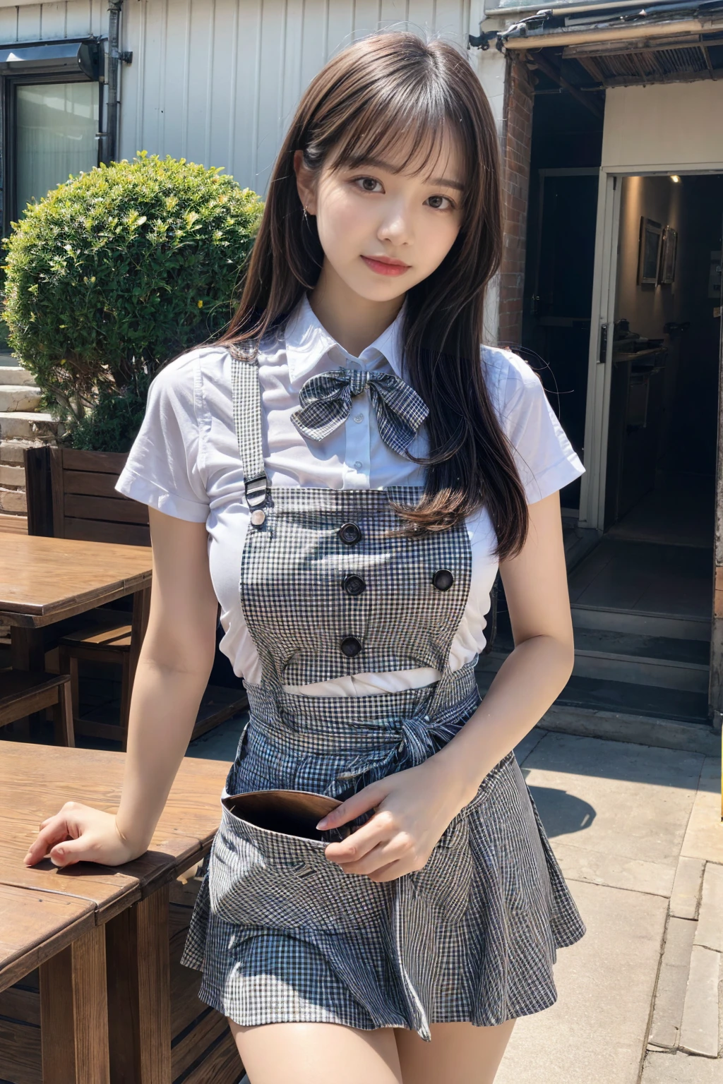 (8K, RAW Photos, Highest quality, masterpiece:1.3), (professional photography, full colors, studio-caliber color grading), (Gravure quality for high-end fashion magazines),  BREAK, 1girl, (boyish:1.15), (mannish:1.1), (double-breasted,underbust:1.2), Big Natural Color Lip, (Plumpy body:1.2), (smooth skin:1.1), (breasts:1.2),  BREAK, (gingham-check suspender-apron:1.2), (solid-blue high-waist skirt:1.2), (apron over skirt:1.1), (white blouse:1.2), short sleeves, button gap, (solid-blue bow-tie:1.1),  BREAK, dynamic pose, cafe, Restaurant,