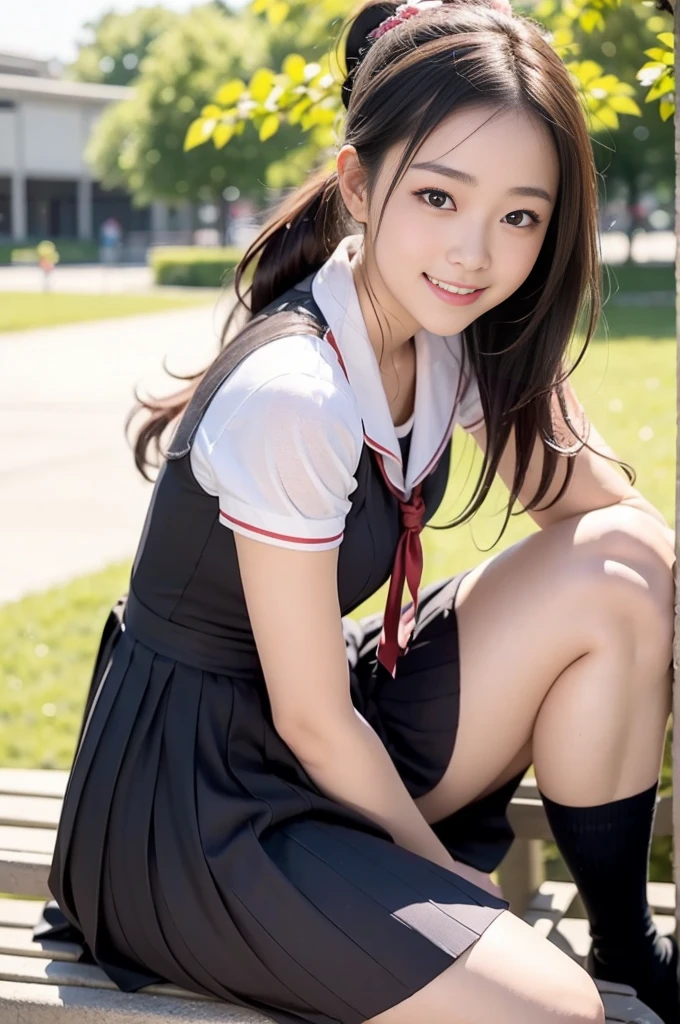 Pure Japanese school girl, sexual temptation, outstanding body, beautiful legs, ponytail, wearing uniform, panty, sweet smile, sitting on bench, refreshing in early summer park, composition from the front, 