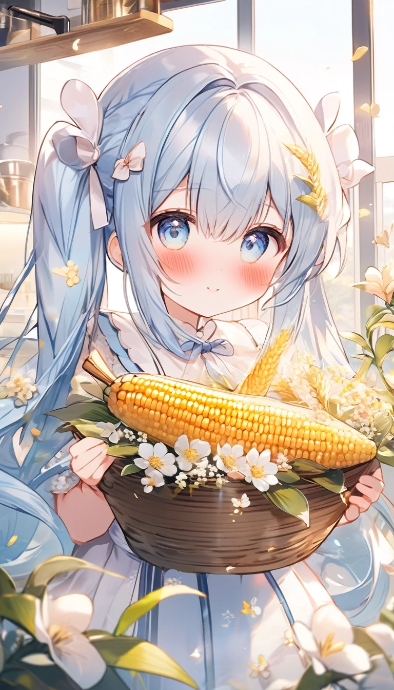 masterpiece, best quality, extremely detailed, (illustration, official art:1.1),adorable **** face、 1 girl ,(((( light blue long hair)))),pale blue hair,****, long hair ((blush)) , cute face, big eyes, masterpiece, best quality,(((((a very delicate and beautiful girl))))),Amazing,beautiful detailed eyes,blunt bangs((((little delicate girl)))),tareme(true beautiful:1.2), sense of depth,dynamic angle,,,, affectionate smile, (true beautiful:1.2),,(tiny 1girl model:1.2),)flat chest、A kitchen decorated with lots of margaret flowers、Corn is piled in a basket、Light blue long hair、Beautiful girl with twin tails、Smiling while roasting corn、The girl has corn、Kitchen bathed in morning sun、A kitchen full of flowers