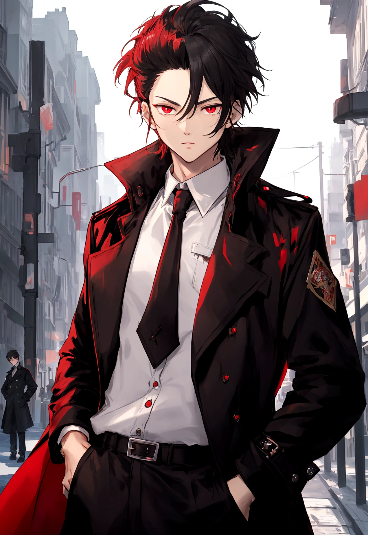 Poker face,Hands in pockets,Exquisite facial features,Red Eyes,Young male,Black trench coat,City Streets,