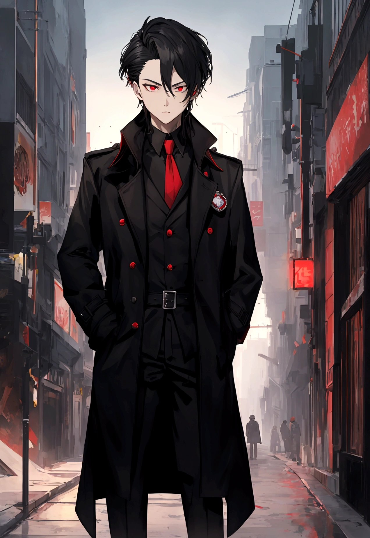 Poker face,Hands in pockets,Exquisite facial features,Red Eyes,Young male,Black trench coat,City Streets,