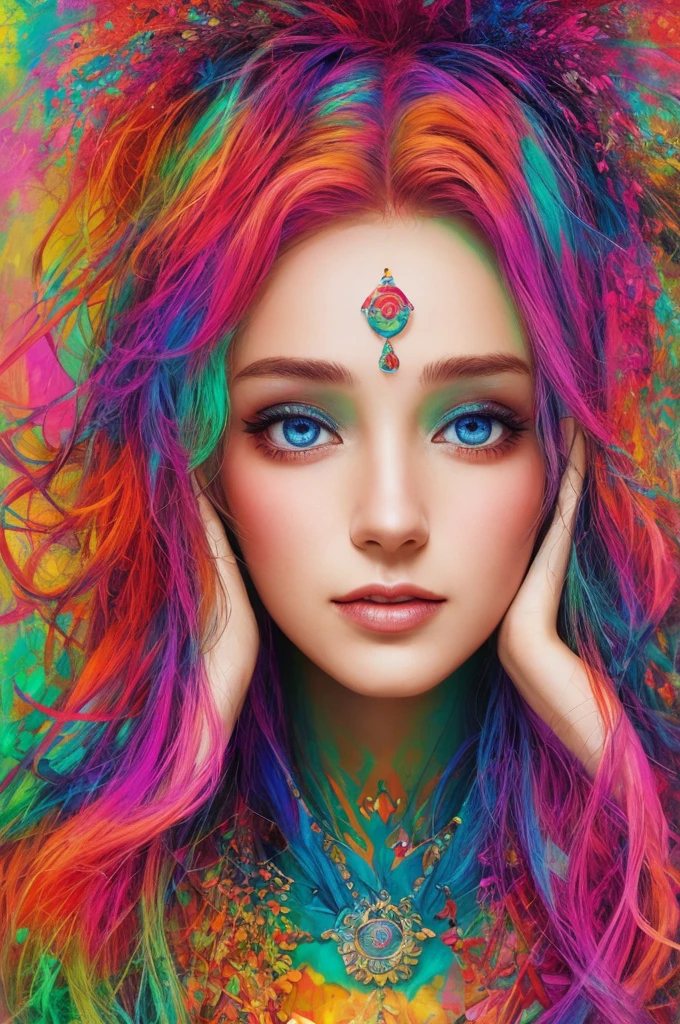 WOMAN ON A PSYCHODELIC JOURNEY, COLORFUL COLORS SURROUND HER EYES