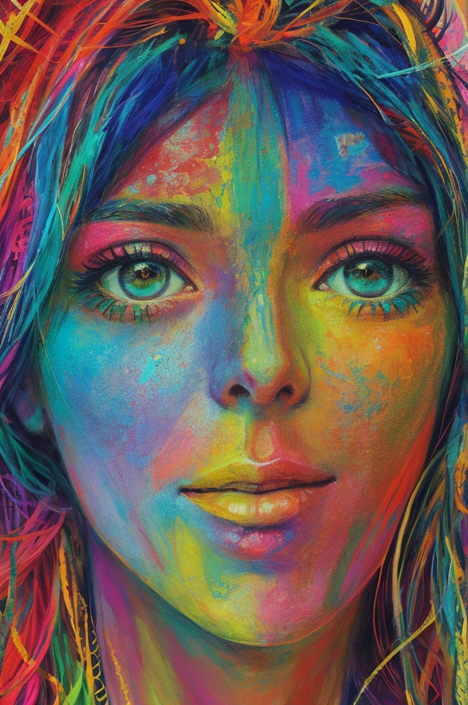 WOMAN ON A PSYCHODELIC JOURNEY, COLORFUL COLORS SURROUND HER EYES