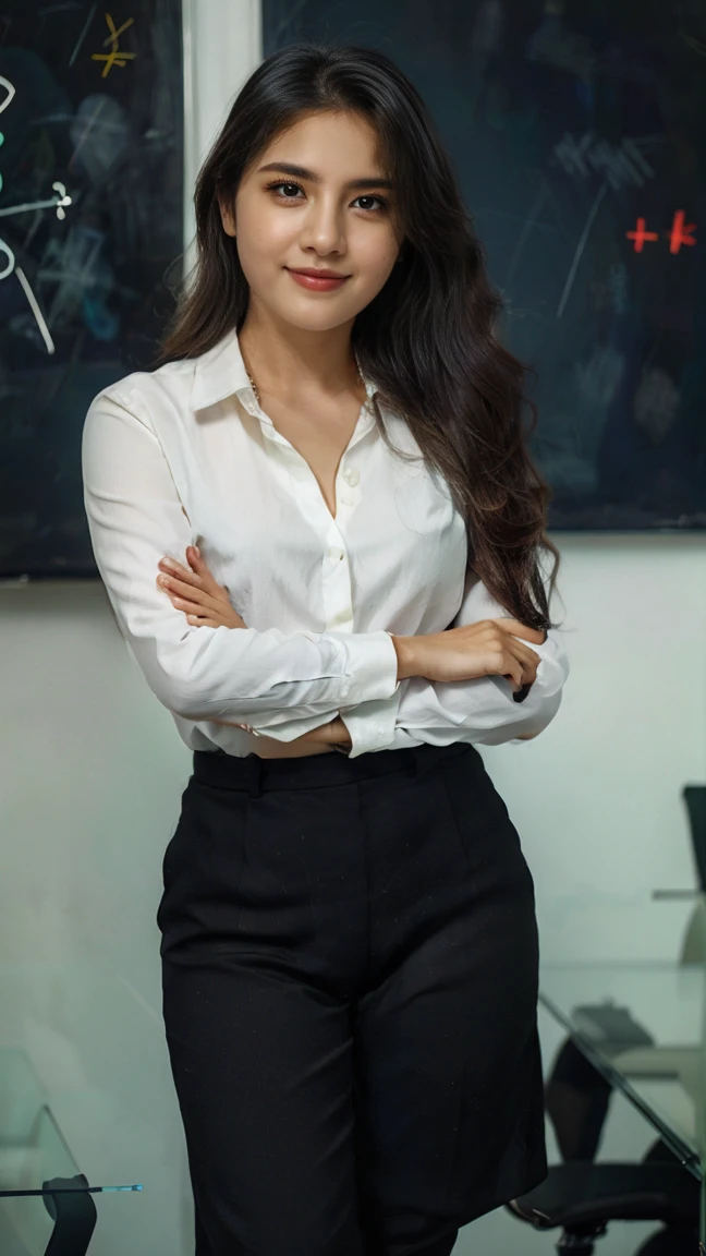 A beautiful, youthful, energetic Asian woman in her 30s, Ms Lyna, a successful digital marketing manager, wearing a stylish black dress, standing confidently in a modern office setting, looking directly at the camera with a warm smile, her long black hair flowing gracefully, surrounded by digital marketing icons and graphs on the walls, 8K resolution, highly detailed, cinematic lighting, photorealistic