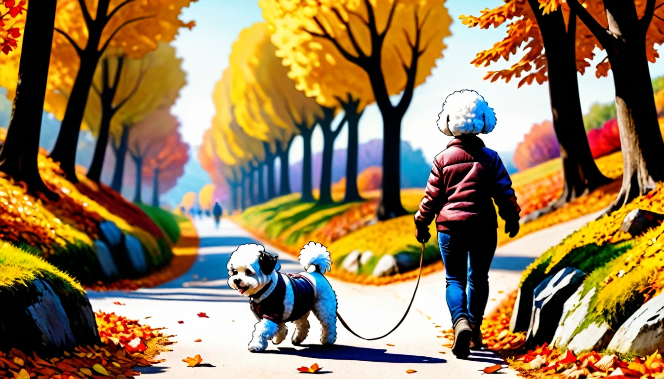 (photo film style), anthropomorphic, cute bichon frise, walking, autumn path, colorful trees, fallen leaves, enjoying the scenery, wearing casual clothes, 2D, colorful, warm atmosphere, shiny, Jean-Baptiste Monge style, Alan Lee style