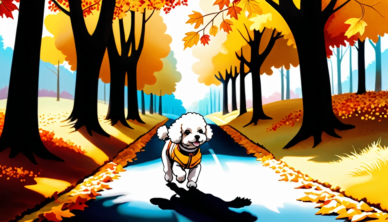 (photo film style), anthropomorphic, cute bichon frise, walking, autumn path, colorful trees, fallen leaves, enjoying the scenery, wearing casual clothes, 2D, colorful, warm atmosphere, shiny, Jean-Baptiste Monge style, Alan Lee style