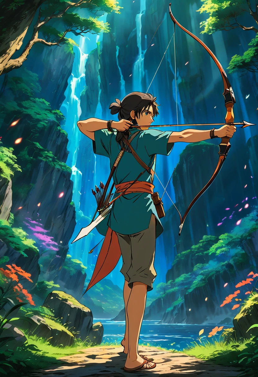 Archer, bow and arrow, Archery pose, full body, by Studio Ghibli, dramatic composition, cinematic dynamic action scene, vibrant colors, cinematic lighting, dramatic lighting, best quality, masterpiece, very aesthetic, perfect composition, intricate details, ultra-detailed