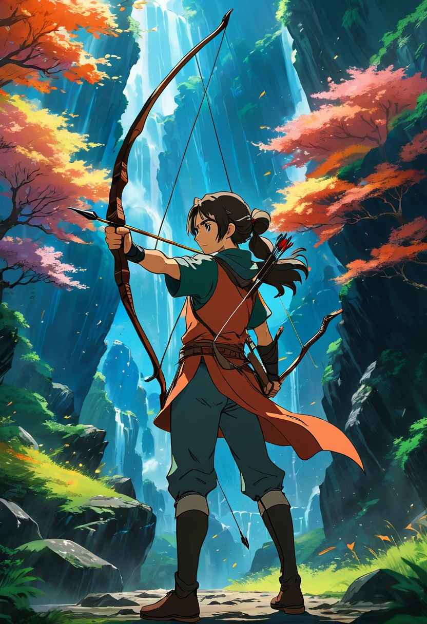 Archer, bow and arrow, Archery pose, full body, by Studio Ghibli, dramatic composition, cinematic dynamic action scene, vibrant colors, cinematic lighting, dramatic lighting, best quality, masterpiece, very aesthetic, perfect composition, intricate details, ultra-detailed
