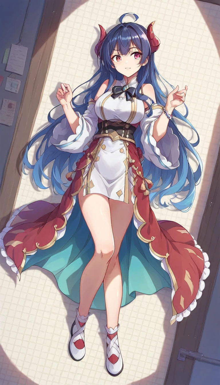 (/(Hiromitsu Takeda:1.45)/),(8K, best quality, masterpiece:1.2),\(Eye details\),\(Facial features details\),(\(Clothes details details\)\),(1 girl:1.3),独奏,full body,silicon dioxide,skyblue hair,red horns,Ganyu(/genshin impact/),black stocking bodysuit,big_naturals_breasts,sagging_breasts,huge_breasts,stretch_marks