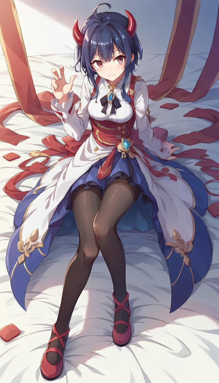 (/(Hiromitsu Takeda:1.45)/),(8K, best quality, masterpiece:1.2),\(Eye details\),\(Facial features details\),(\(Clothes details details\)\),(1 girl:1.3),独奏,full body,silicon dioxide,skyblue hair,red horns,Ganyu(/genshin impact/),black stocking bodysuit,big_naturals_breasts,sagging_breasts,huge_breasts,stretch_marks