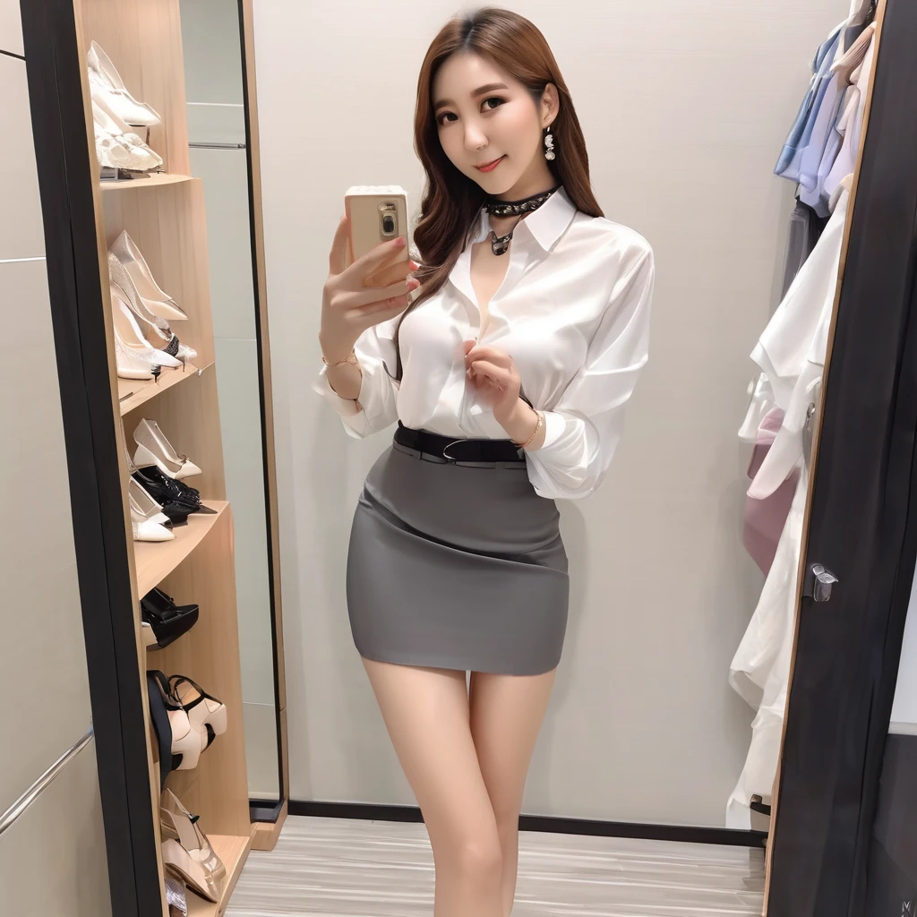 marin kitagawa,closet,trying different clothes,a lot of clothing,looking at herself in mirror,white heels, large breasts , fullbody, perfect body,white shirt, gray skirt,smiling,make selfie in mirror,choker,hand on hip,standing in sexy pose,1female, dildo on background, anal beads on background,latex clothes lying on background,gag on background