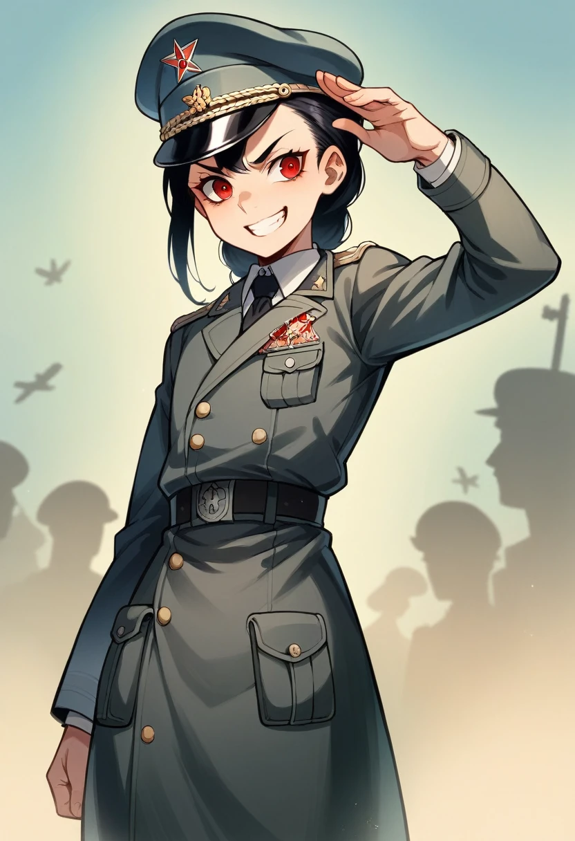 Ridiculous resolution, high resolution, very detailed, In World War II military uniform, battlefield, ,black german soldier uniform, young face, sly expression, A mischievous smile with no teeth showing, black hair, red eyes, femboy, cartoon, Anime, black dress,