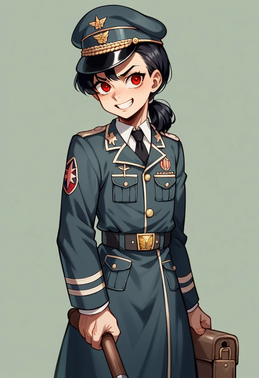 Ridiculous resolution, high resolution, very detailed, In World War II military uniform, battlefield, ,black german soldier uniform, young face, sly expression, A mischievous smile with no teeth showing, black hair, red eyes, femboy, cartoon, Anime, black dress,