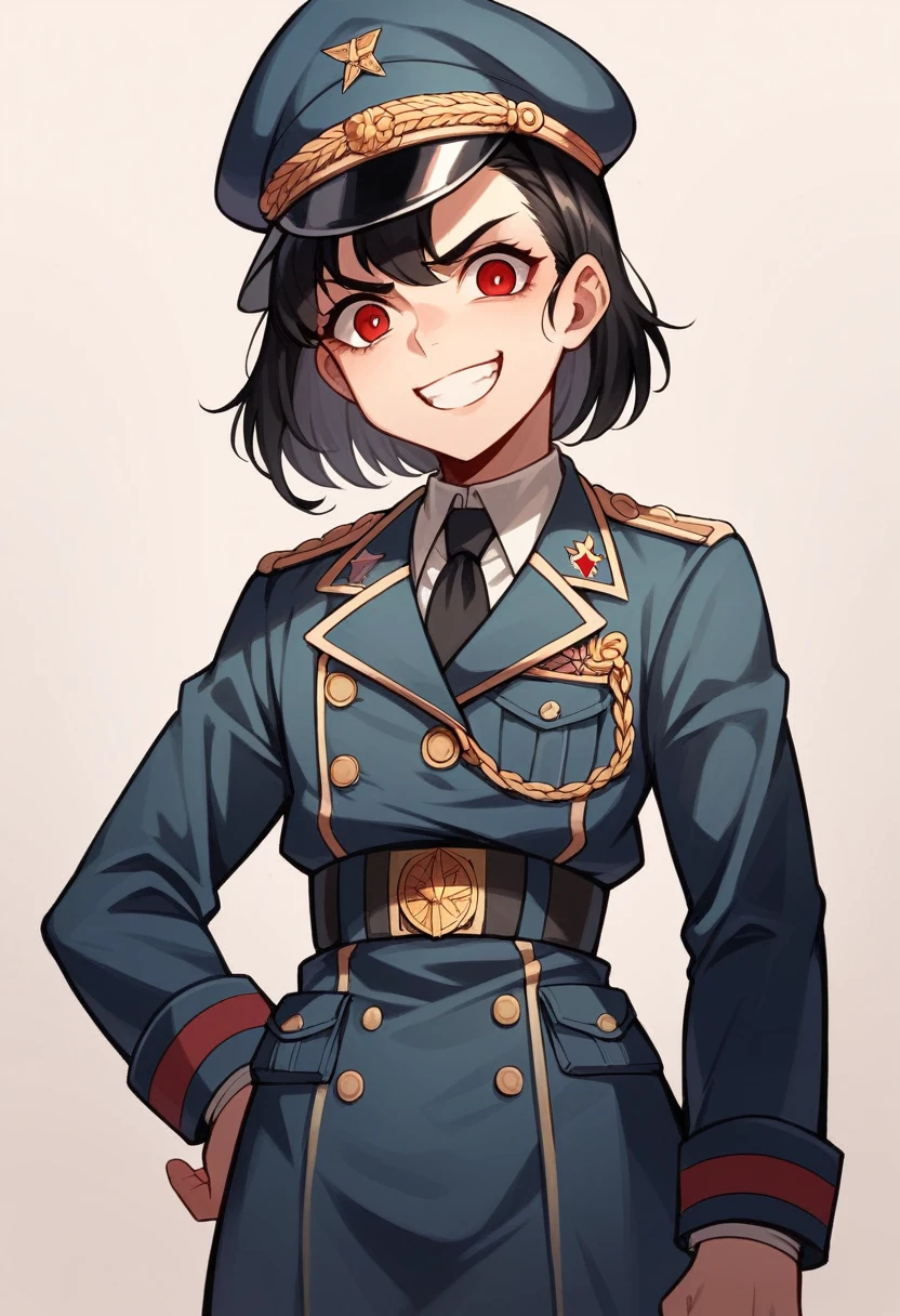 Ridiculous resolution, high resolution, very detailed, In World War II military uniform, battlefield, ,black german soldier uniform, young face, sly expression, A mischievous smile with no teeth showing, black hair, red eyes, femboy, cartoon, Anime, black dress,