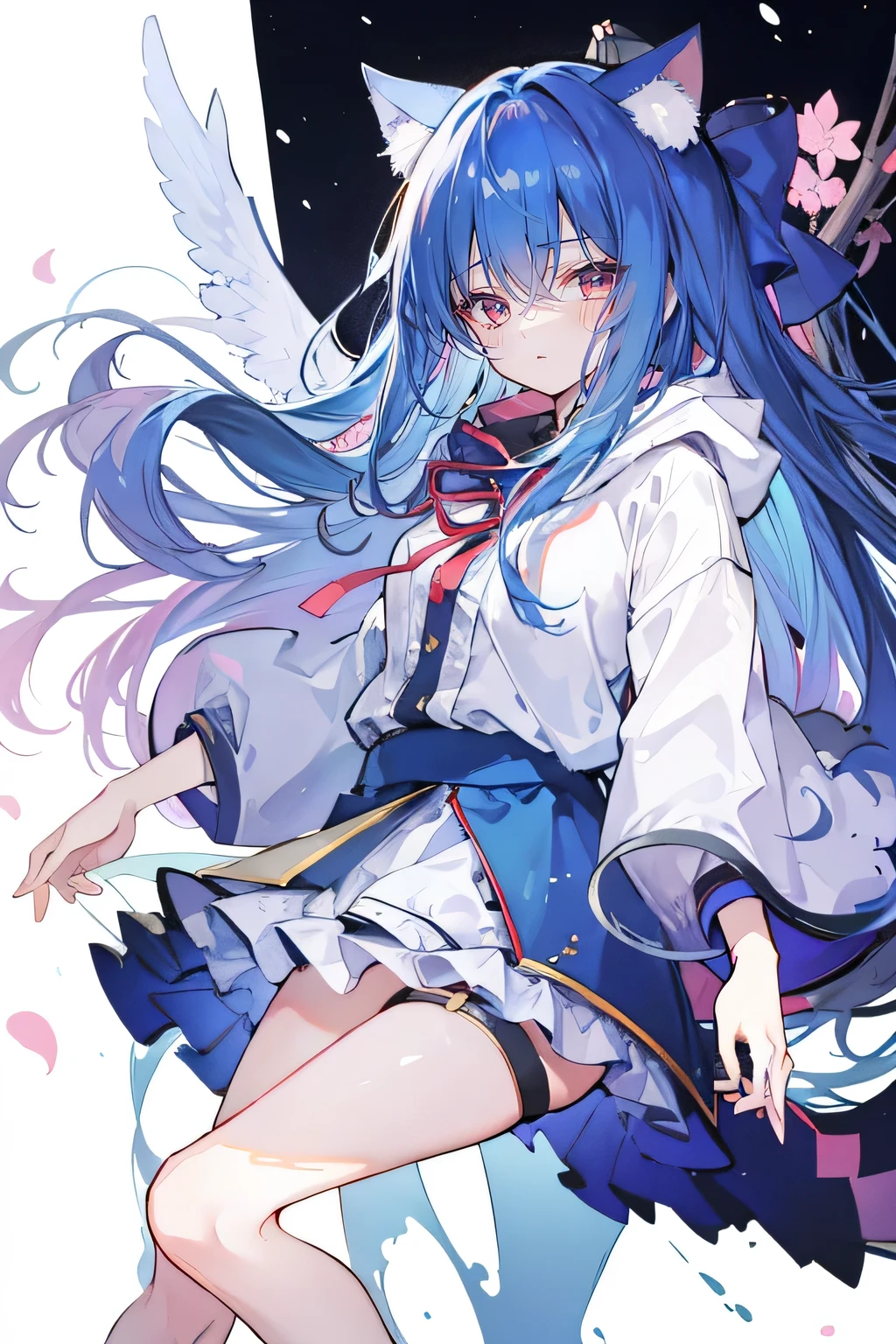 (masterpiece:1.2),Super detailed,lifelike,Expressive eyes,fair skin,perfect face shape,1 girl,
Japanese comics,Gorgeous blue hair,flowing blue hair,flowing clothes,Cat ears,Petals fall,beautiful lola,Baby Angel,
Shaking head with one hand,Cross your legs,Gentle and peaceful background,The pavilion is cool and comfortable,smile, wearing hoodie, background of tokyo,back views,snowing, winter,Angel wings,The world is open,shameful expression。