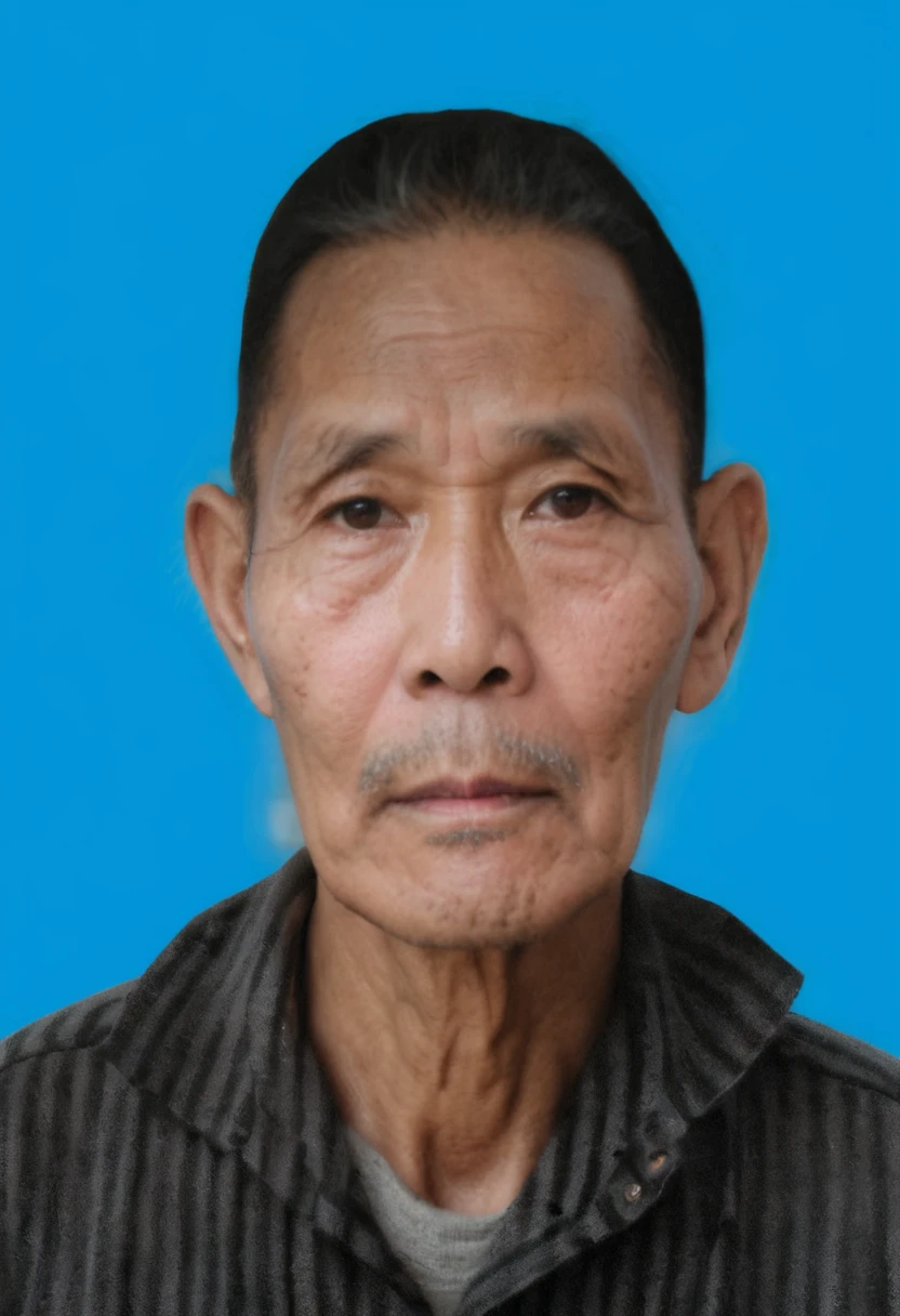 Highly realistic photo, Portrait of a 55 year old Vietnamese old man, gray hair, black and white striped shirt, skinny cheeks