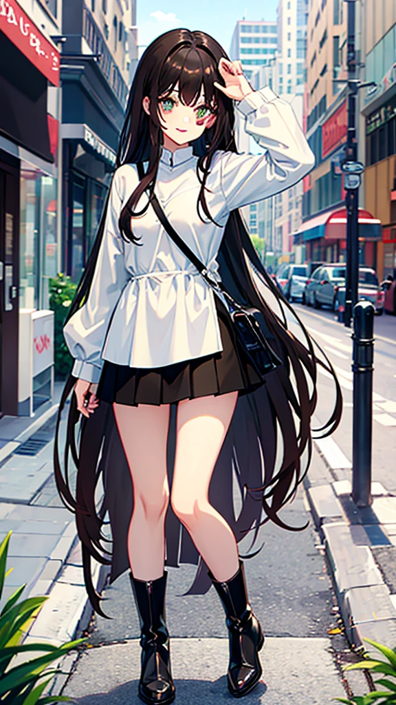 White shirt, black skirt, Dark brown hair, dark green eyes, length hair, big , summer, city, smile, black boots, light skin, Socks, Character Yoo Na Ri 