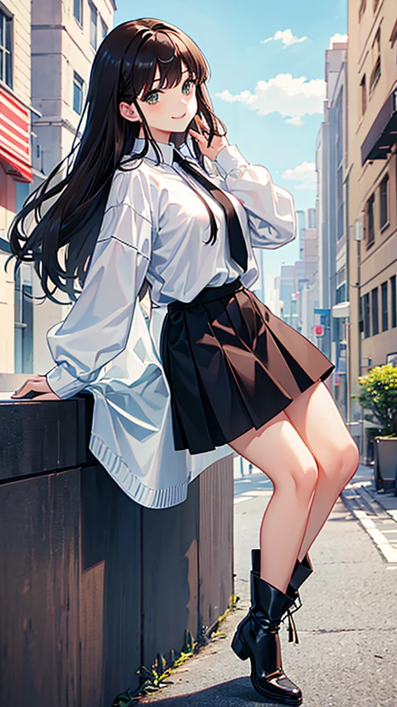 White shirt, black skirt, Dark brown hair, dark green eyes, length hair, big , summer, city, smile, black boots, light skin, Socks, Character Yoo Na Ri