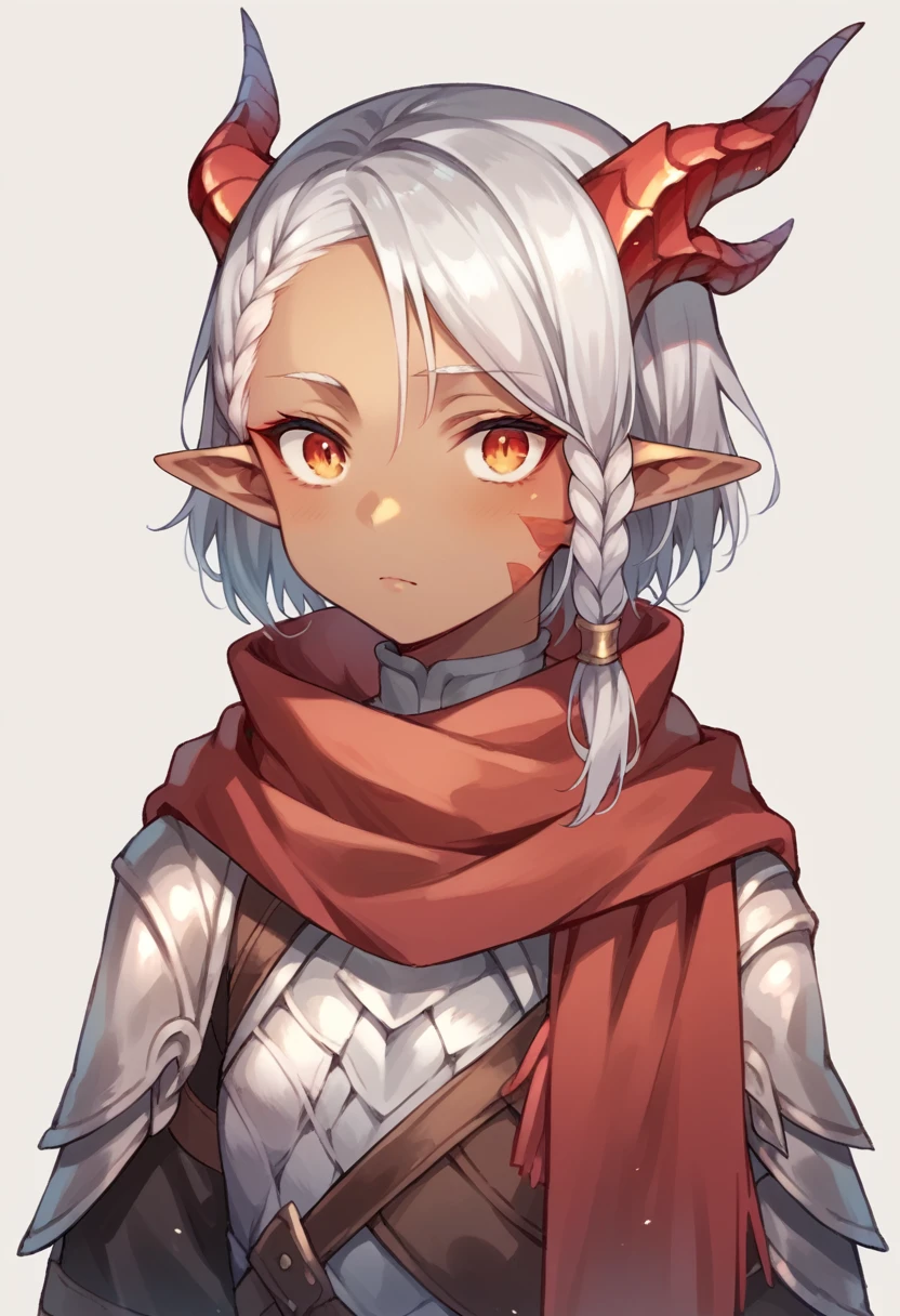 Small anime girl, dark skin, short silver braided hair, dragon-like eyes, elf ears, dragon-like horns with scales, wearing red scarf