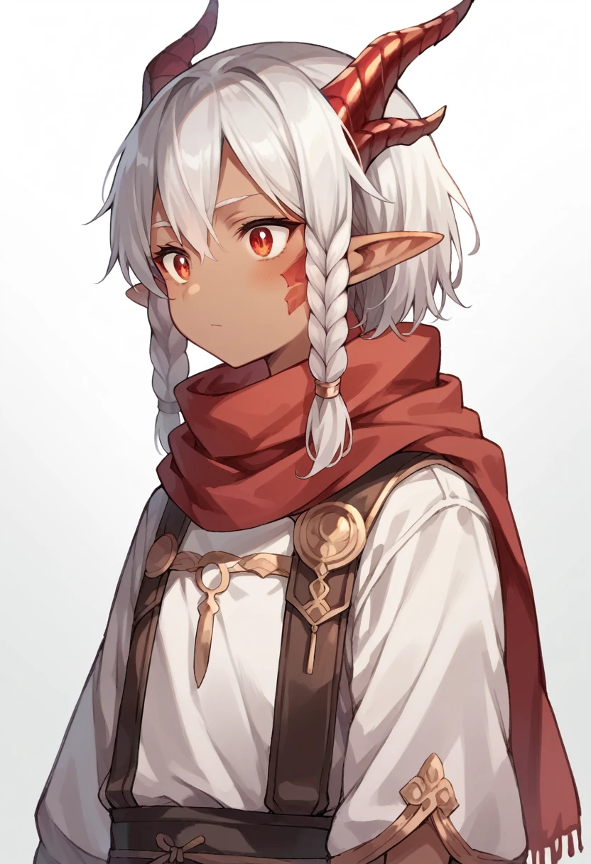 Small anime girl, dark skin, short silver braided hair, dragon-like eyes, elf ears, dragon-like horns with scales, wearing red scarf