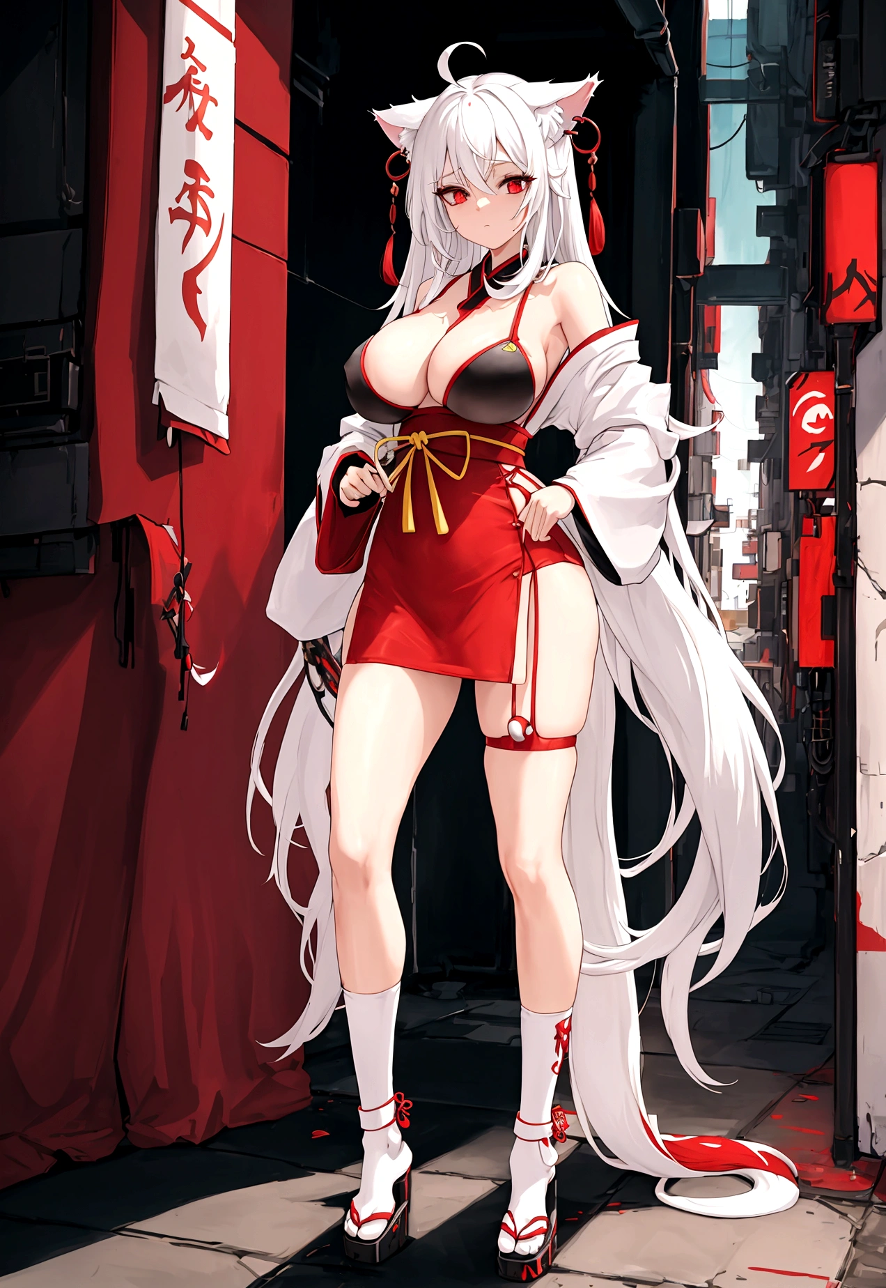 Make a full body character with 2D graphics based on current anime 4k-8k The character is 22 years old. Mature body with big breasts and curves. Eyes red, white cat ears, long white hair down to the ankles. Cat&#39;s furry tail. The outfit is a mix of traditional Japanese kimono, Qipao chines stylized in a cyberpunk way. The colors of the clothes are predominantly white with details of blood red and gold.. With sock 3/4 black and white, sandalhas ninja estilo cyberpunk.