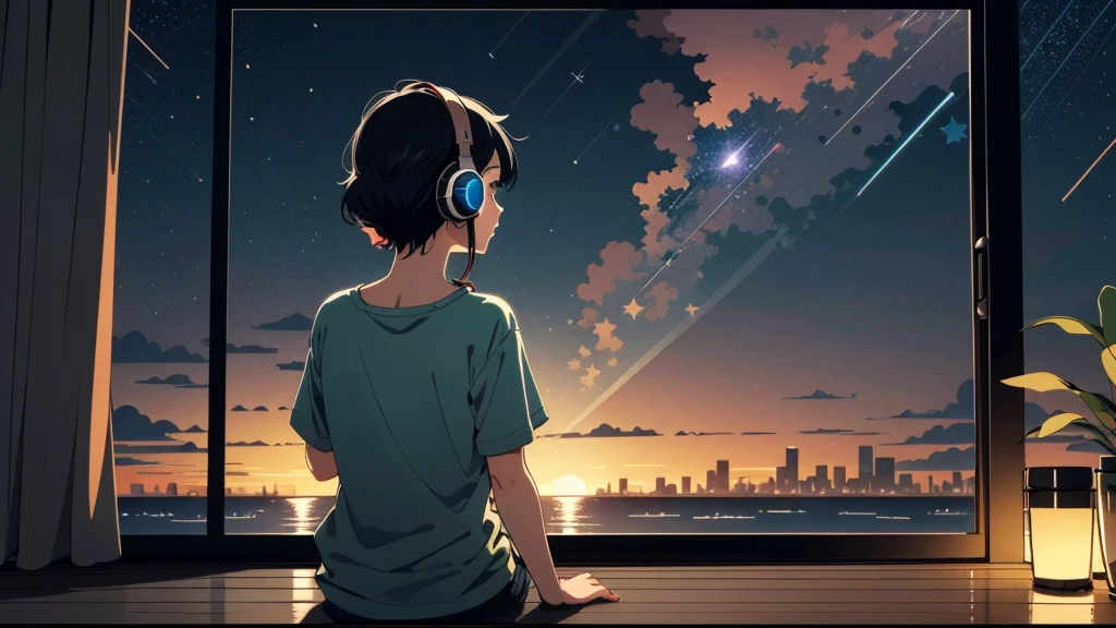 Create a scene of a looking outside, Listening to music on headphones, In a quiet and relaxing environment, Short black hair, View from behind, Gazing at the horizon, At night, and through the window you can see fireflies and a beautiful landscape full of stars At night, Characters with lots of detail on their faces, hands and hair,Illustration Style、Showa anime、ukiyo-e、((girl))、Tokyo、Soft Touch、((Modern))、summer、High resolution, samba, latina,Rainy night,Tokyo