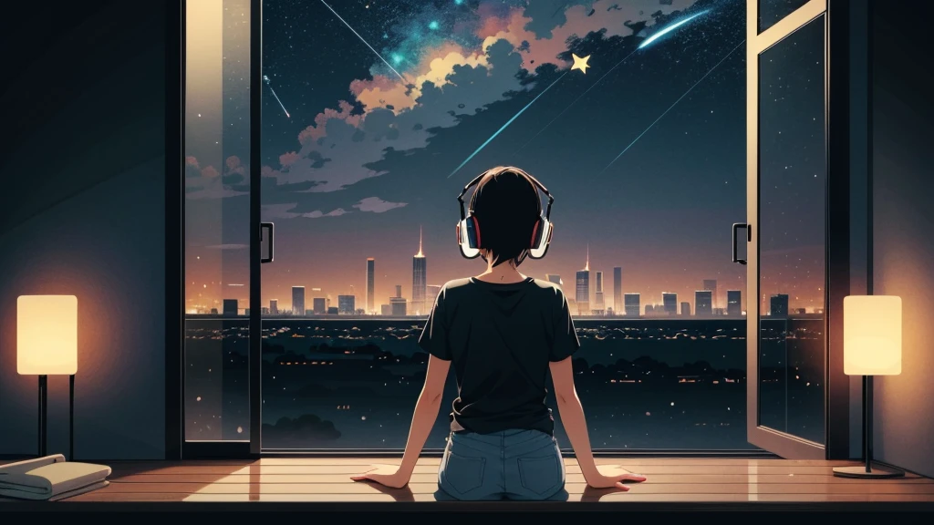 Create a scene of a  looking outside, Listening to music on headphones, In a quiet and relaxing environment, Short black hair, View from behind, Gazing at the horizon, At night, and through the window you can see fireflies and a beautiful landscape full of stars At night, Characters with lots of detail on their faces, hands and hair,Illustration Style、Showa anime、ukiyo-e、((girl))、Tokyo、Soft Touch、((Modern))、summer、High resolution, samba, latina,Rainy night,Tokyo